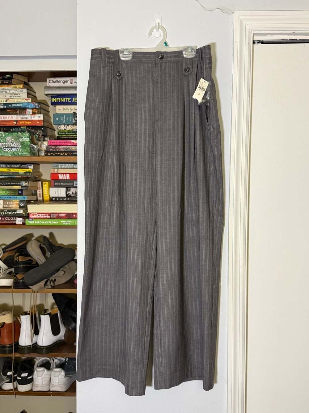 Anthropologie Wide-Leg Pinstripe Trousers Size 14 Grey